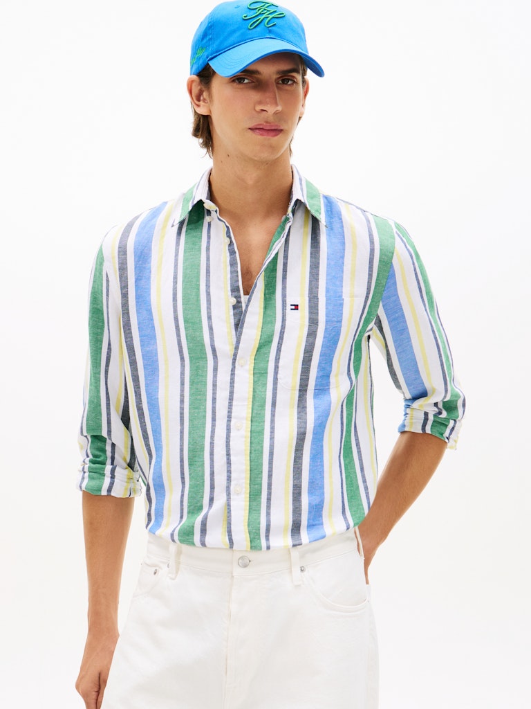 TOMMY HILFIGER LINEN BLEND BOLD STP SHIRT - GREEN/MULTI