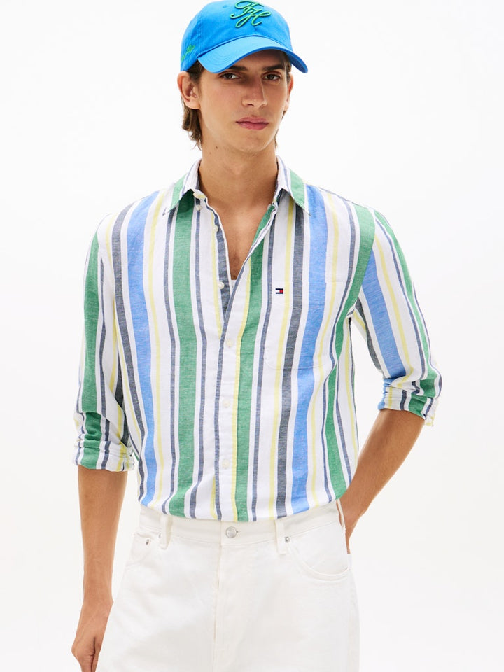 TOMMY HILFIGER LINEN BLEND BOLD STP SHIRT - GREEN/MULTI