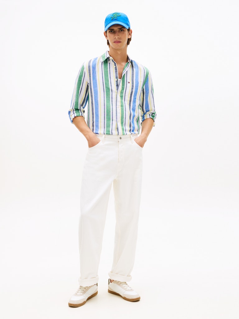 TOMMY HILFIGER LINEN BLEND BOLD STP SHIRT - GREEN/MULTI
