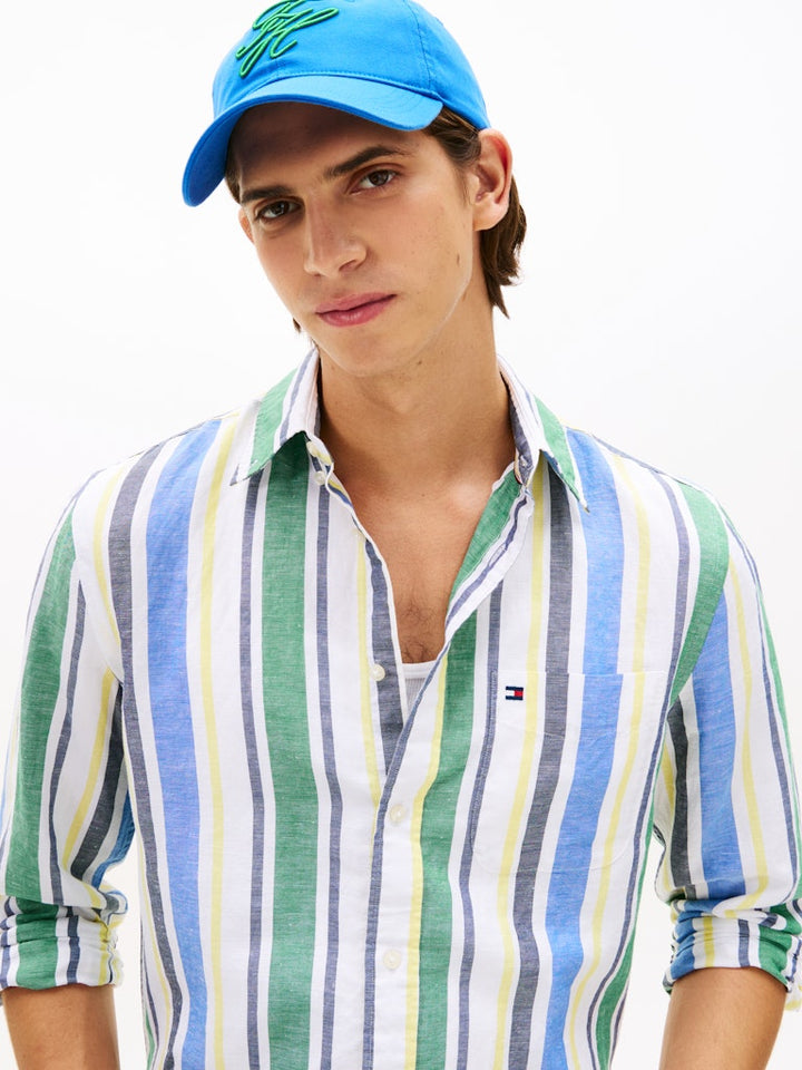 TOMMY HILFIGER LINEN BLEND BOLD STP SHIRT - GREEN/MULTI