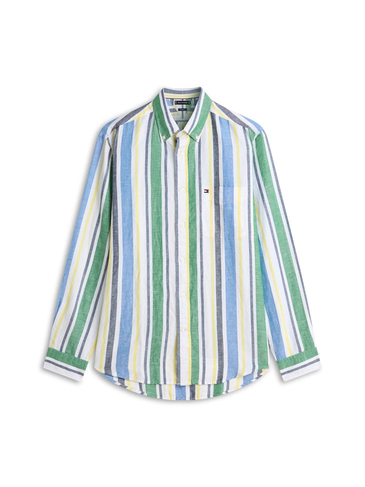 TOMMY HILFIGER LINEN BLEND BOLD STP SHIRT - GREEN/MULTI