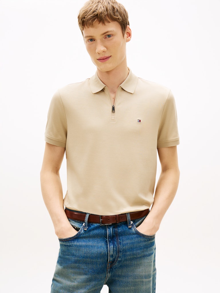 TOMMY HILFIGER INTERLOCK ZIP REG POLO - SANDALWOOD