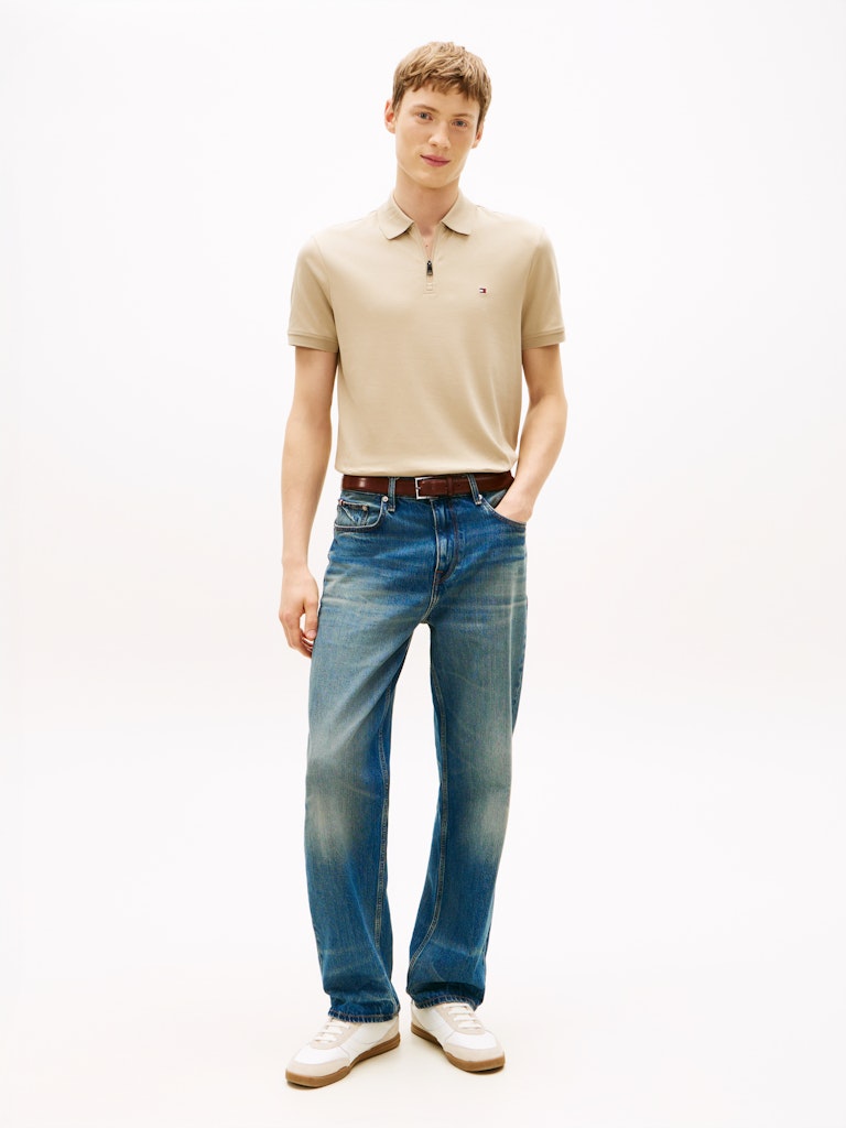 TOMMY HILFIGER INTERLOCK ZIP REG POLO - SANDALWOOD