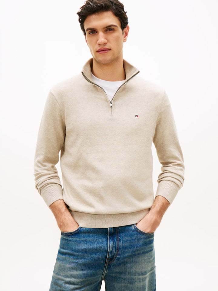 TOMMY HILFIGER ESS COTTON ZIP MOCK - SANDALWOOD HTR