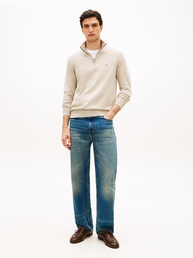 TOMMY HILFIGER ESS COTTON ZIP MOCK - SANDALWOOD HTR