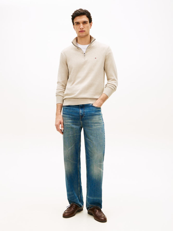 TOMMY HILFIGER ESS COTTON ZIP MOCK - SANDALWOOD HTR