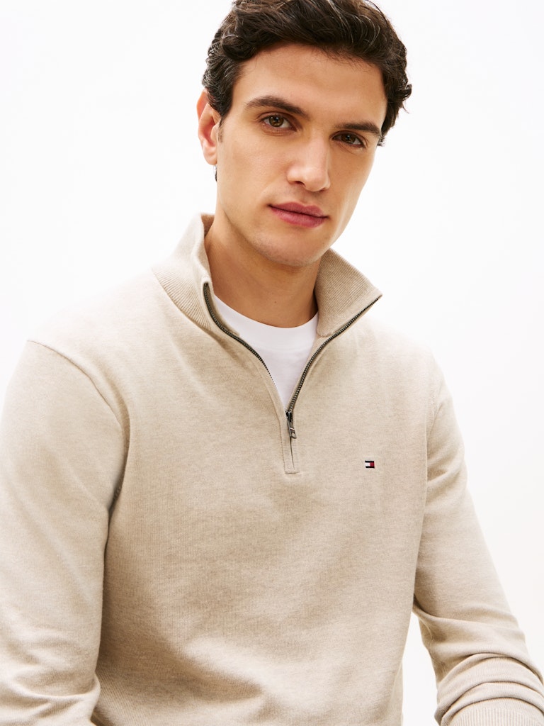 TOMMY HILFIGER ESS COTTON ZIP MOCK - SANDALWOOD HTR