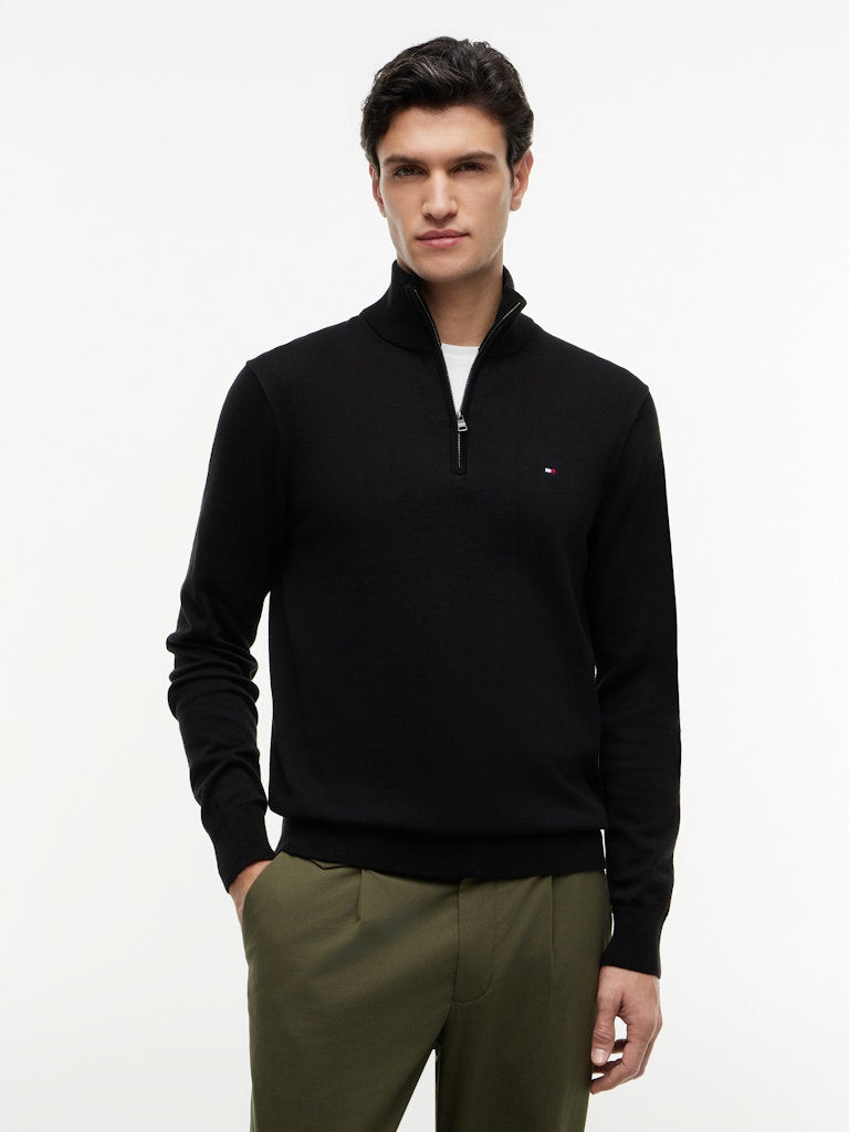 TOMMY HILFIGER ESSENTIAL COTTON ZIP MOCK - BLACK