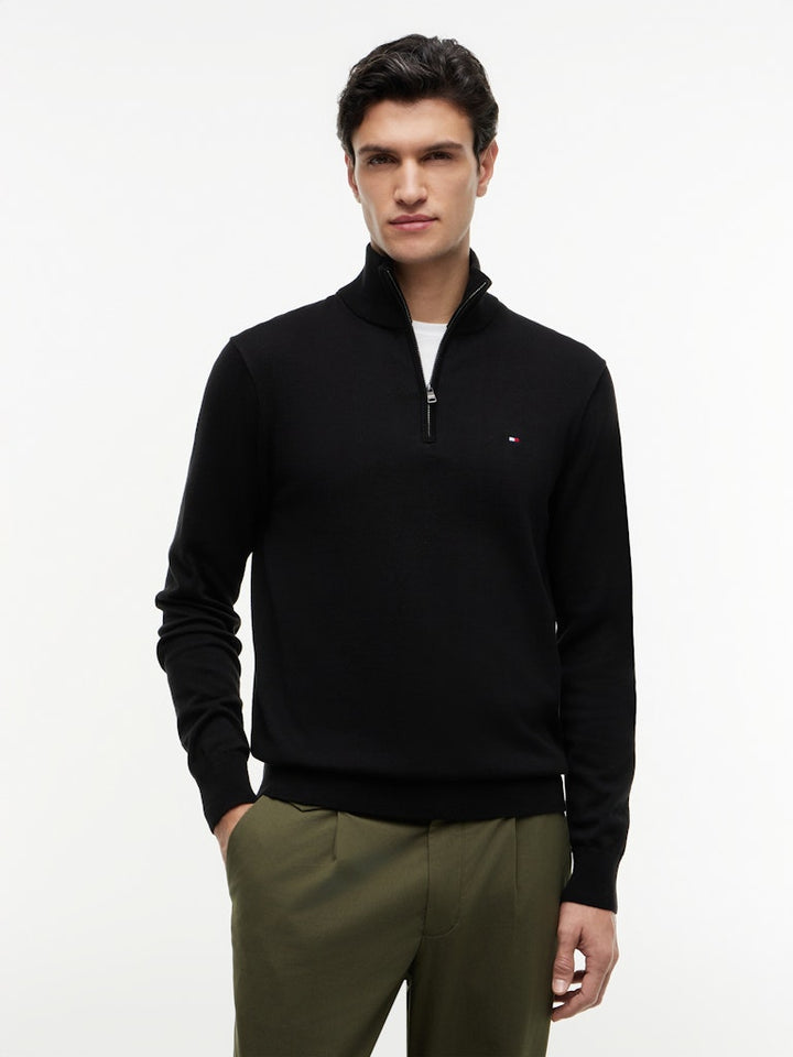 TOMMY HILFIGER ESSENTIAL COTTON ZIP MOCK - BLACK