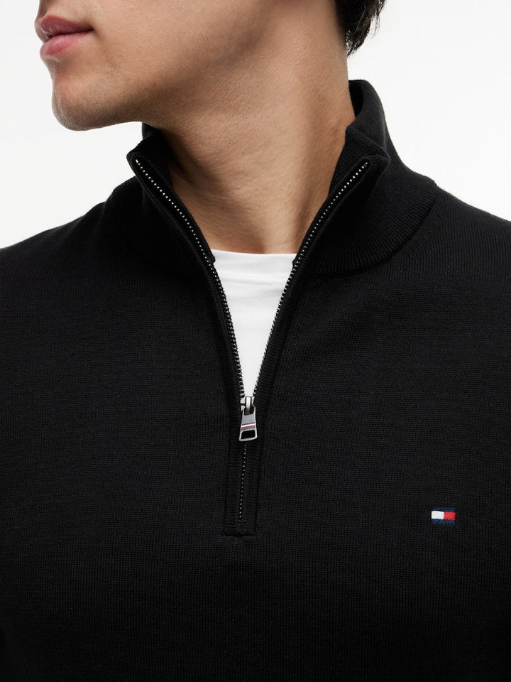 TOMMY HILFIGER ESSENTIAL COTTON ZIP MOCK - BLACK