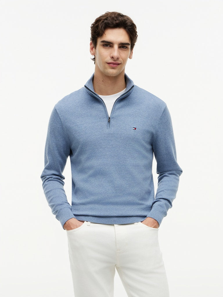 TOMMY HILFIGER ESSENTIAL COTTON ZIP MOCK - BRISK BLUE