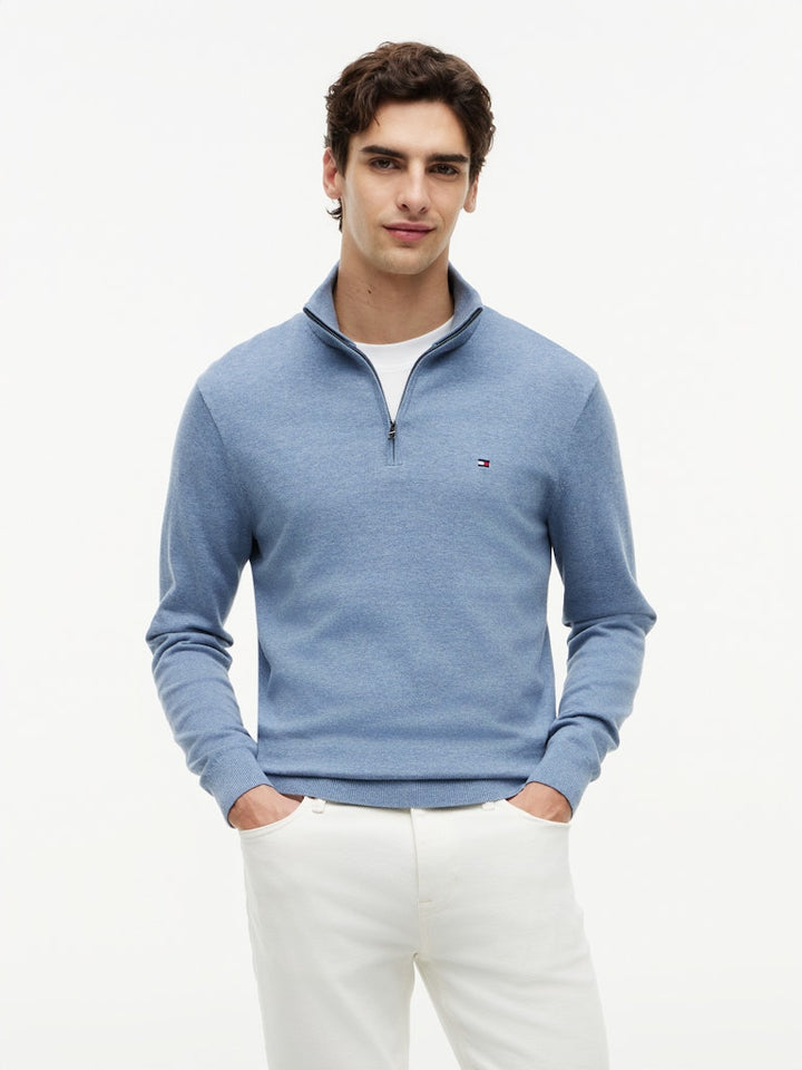 TOMMY HILFIGER ESSENTIAL COTTON ZIP MOCK - BRISK BLUE