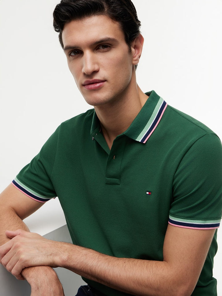 TOMMY HILFIGER CONTRAST COLLAR CUFFS REG POLO - GREEN