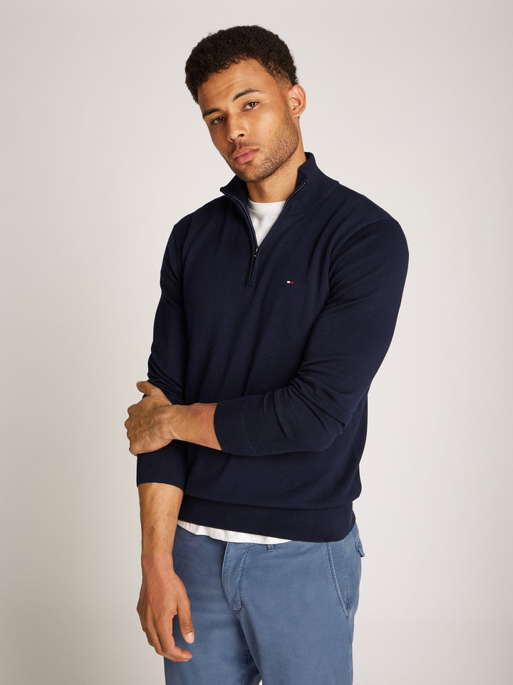 TOMMY HILFIGER ESSENTIAL COTTON ZIP MOCK - NAVY